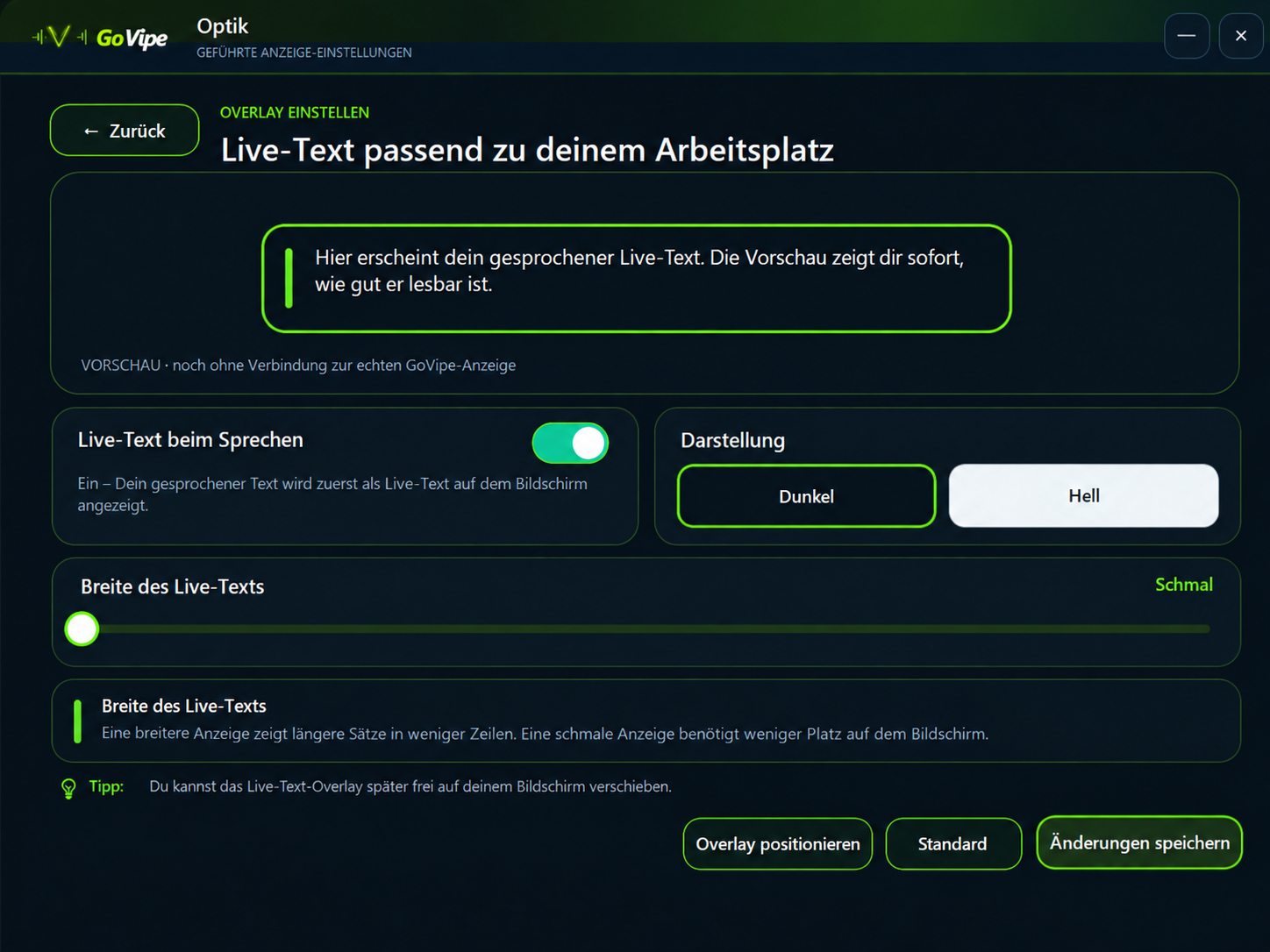 GoVipe Einstellungen für Live-Text und Overlay