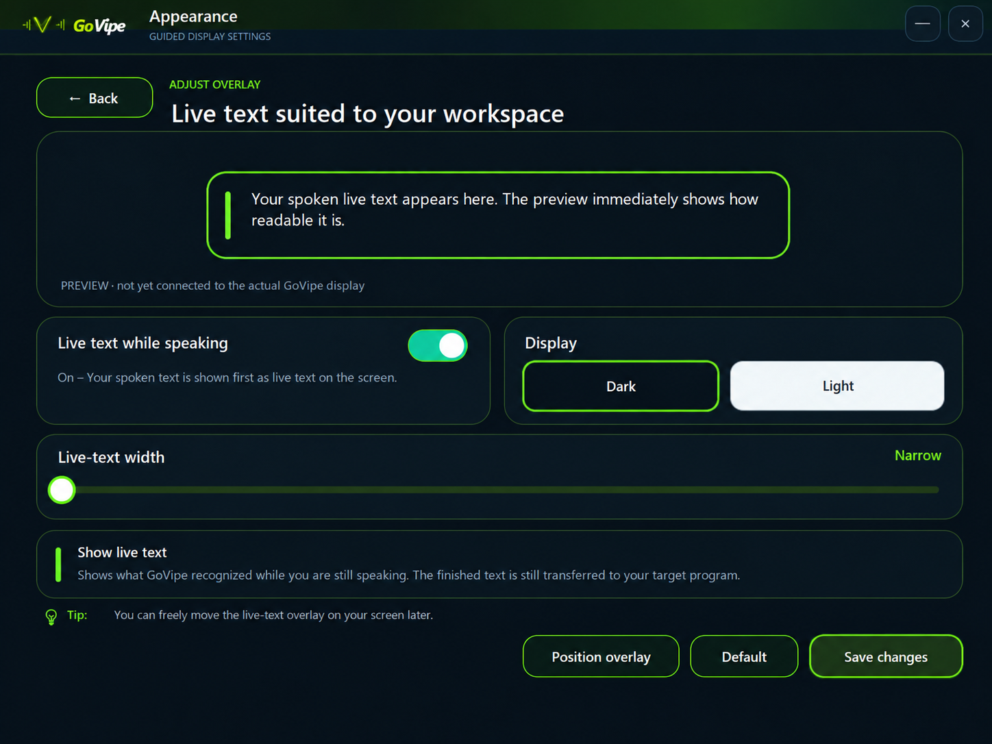 GoVipe settings for live text and overlay